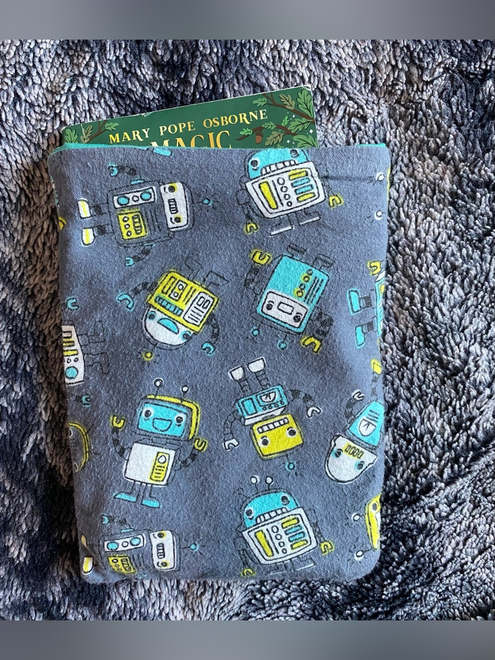 Handmade Grey Robot Print Fabric Lined Book Sleeve Cover Pocket